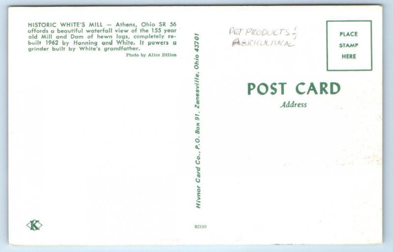 ATHENS, OH Ohio ~ Historic WHITE'S MILL  c1960s Rebuilt in 1962 Postcard