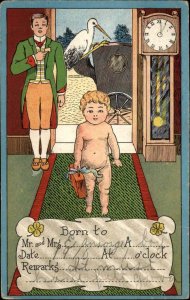 Birth Announcement Little Boy Stork Fantasy 1910 Vintage Postcard