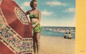 Vintage Postcard 1930's Lady Bathing Beauty by Giant Umbrella on Beach