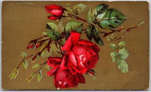 Red Roses In Bloom with Green Leaves Brown Textured Background, Vintage Postcard