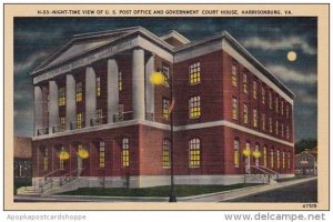 Virginia Harrisonburg Night Time View Of U S Post Office And Government Court...