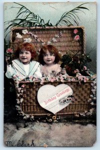 c1910's Birthday Greetings Children And Flowers On Basket Newport DE Postcard