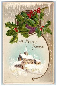 Mandan North Dakota ND Postcard Christmas Church Winter Holly Berries c1910's