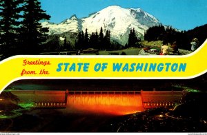 Washington Greetings Showing Mount Rainier and Grand Coulee Dam