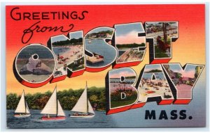 Large Letter Linen ONSET BAY, MA  1946 Tichnor Plymouth County Postcard