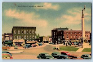 Angola Indiana IN Postcard Public Square Scenic View Cars 1948 Vintage Monument