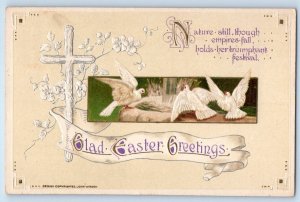 1921 Easter Greetings Dove Birds Cross And Flowers Embossed John Winsch Postcard