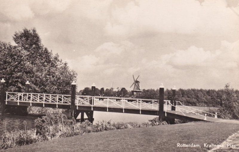 Netherlands Rotterdam Kralingse Plas Brücke Windmühle Dutch Real Photo Postcard