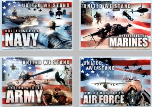 4 Postcards UNITED WE STAND Patriotic Flag~ Army, Navy, Air Force, Marines 4x6