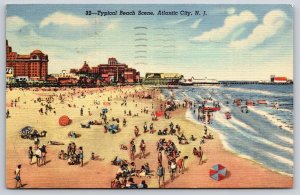 Atlantic City New Jersey~Typical Beach Scenery~Skyline~Pier~Linen 1952 Postcard