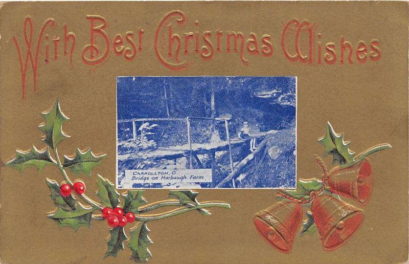 E86/ Carrollton Ohio Postcard Carroll Xmas 1920 Harbaugh Farm Bridge Fancy