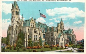 Vintage Postcard 1920's College Hall University Of Pennsylvania Philadelphia PA