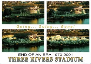 VINTAGE CONTINENTAL SIZE POSTCARD THE END OF THE THREE RIVERS STADIUM 1970-2001