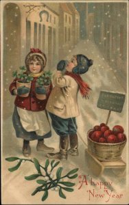 New Year Children Cute Kids Apple Market in Snow c1910 Vintage Postcard