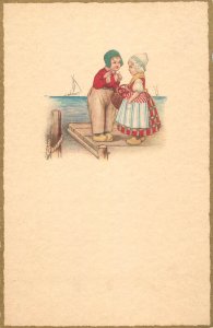 Adorable drawn Dutch children couple vintage postcard