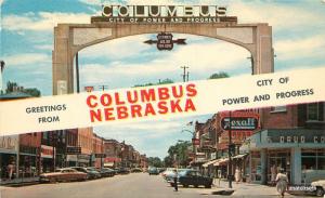 1950s Columbus Nebraska Welcome Arch autos Dunlap Henline postcard 9920