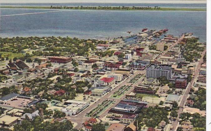 Florida Pensacola Aerial View Of Business District and Bay 1957 Curteich