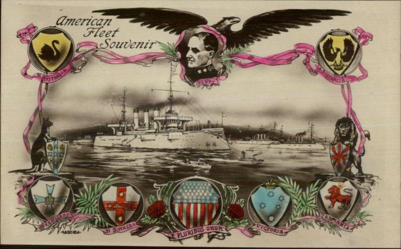 American Fleet Navy Battleships Admiral Sperry Tinted Real Photo Postcard