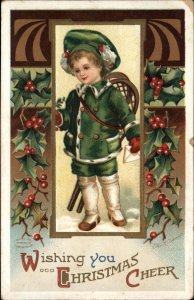 Christmas Snowshoes Little Boy in Green Ellen Clapsaddle  c1910 Postcard