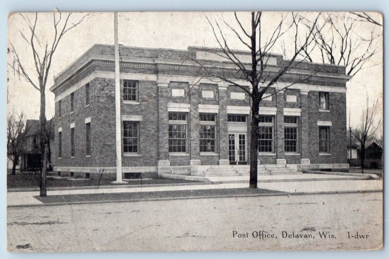 Delavan Wisconsin WI Postcard Post Office Building Exterior 1910 Vintage Antique