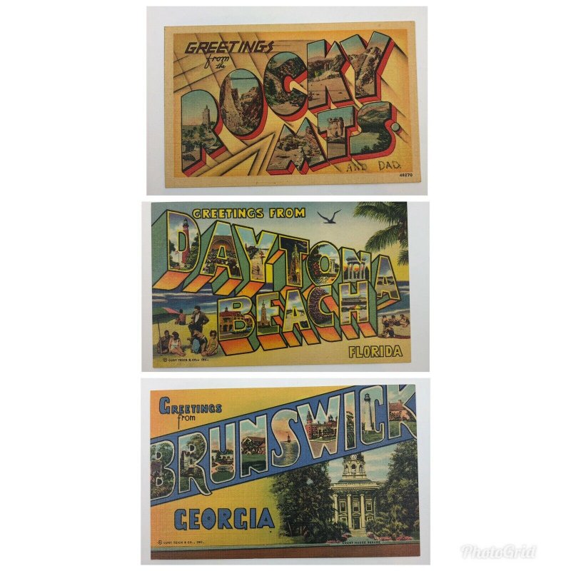 Lot Of 3 Vintage Curt Teich Letter State & City Postcards FL , Brunswick GA , Mt