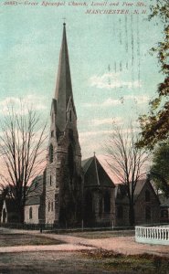 Vintage Postcard 1910's Grace Episcopal Church Lowell & Pine Manchester NH