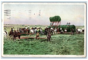 1915 Farming Scene Stacking Alfalfa Kansas Fred Harvey Phostint Vintage Postcard