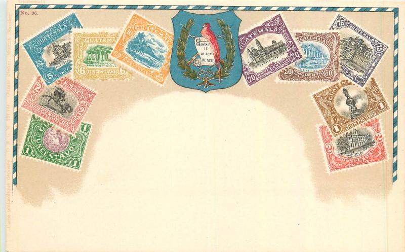 Stamps of Guatemala with coat of arms by Ottmar Zieher chromo litho postcard