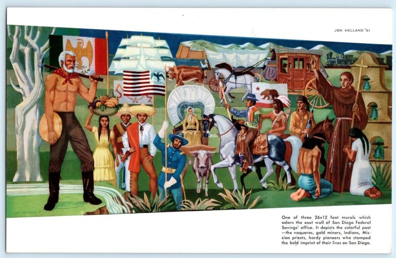 4 Oversize Postcards SAN DIEGO FEDERAL SAVINGS and LOAN, Lobby & Murals 1955