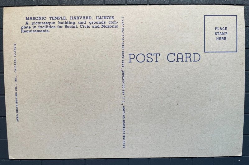 Vintage Postcard 1951 Masonic Temple, Harvard, Illinois 