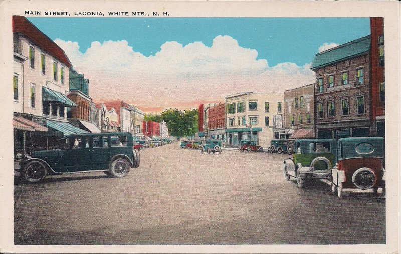 Laconia NH, Main Street View, 1920's, Shops Stores, Old Cars, Lake Winnipesaukee