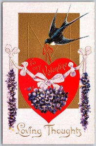 Vtg Greetings To My Valentine Bluebird Red Heart Flowers Embossed 1910s Postcard