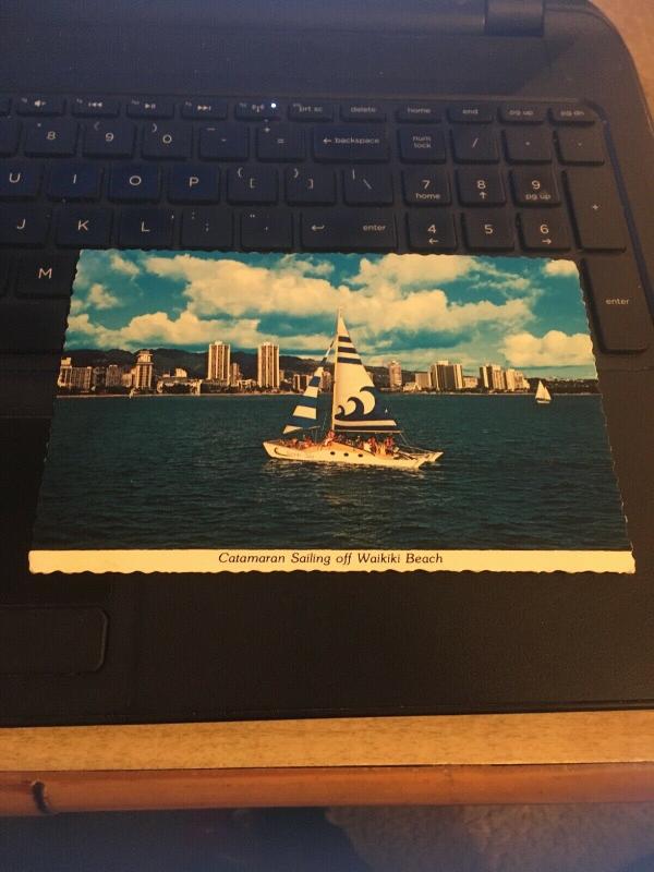 Vintage Postcard: 1979 Catamaran Sailing off Waikiki Beach