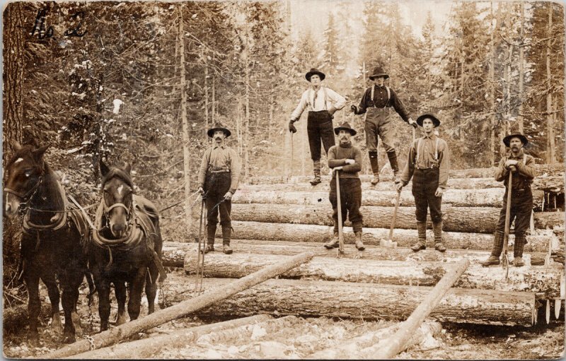 Portrait of 'Skidding Gang' Loggers Logging 6 Men Unknown Loc RPPC Postcard F93