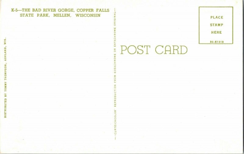 Bad River Gorge Copper Falls State Park Mellen Wisconsin Thompson Vtg Postcard 