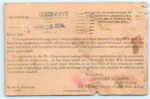 1924 US Army Adjusted Compensation Request Postcard War Dept Robert Davis A30