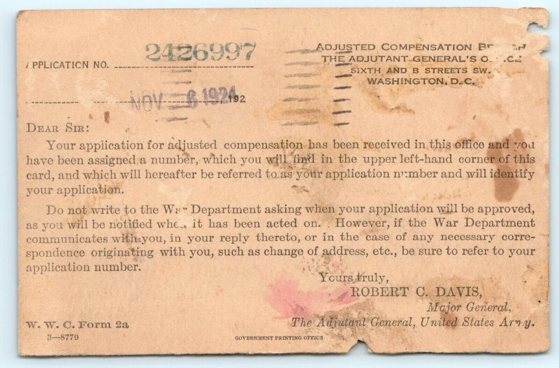 1924 US Army Adjusted Compensation Request Postcard War Dept Robert Davis A30