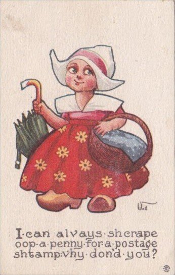 Dutch Girl With Umbrella Carrying Basket 1913 Signed Wall