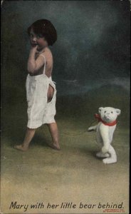 Cute Little Girl with Bare Butt Pulls Teddy Bear Behind Wordplay c1910 Postcard 