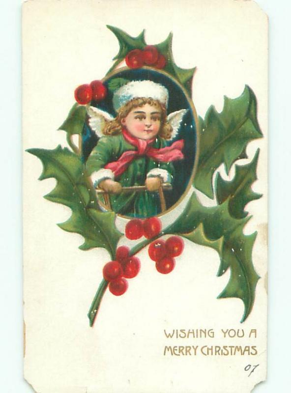 Pre-Linen Christmas CUPID ANGEL WITH HOLLY LEAVES AB5199