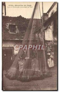 Old Postcard Seagulls Fishing cage Young fishers mending nets