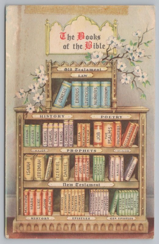 Greetings~View Of Bookshelf~Books Of The Bible~Vintage Postcard 