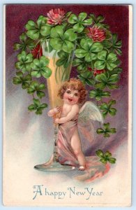 1908 HAPPY NEW YEAR CHERUB CHAMPAGNE FLUTE SHAMROCKS POSTCARD #2