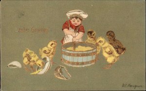 A/S W Langner Easter Chicks Little Boy Baker Baking c1910 Vintage Postcard
