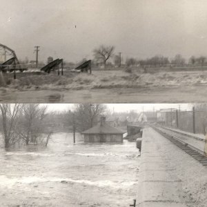 x2 LOT c1940s Unknown Flood RPPC Raging River Railroad Bridge Dam Photos IA A257