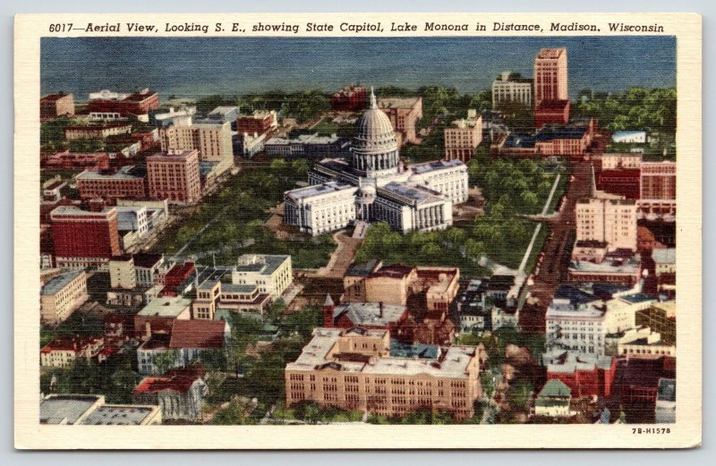 Madison Wisconsin~Birdseye Lakefront State Capitol~1940s Linen Postcard