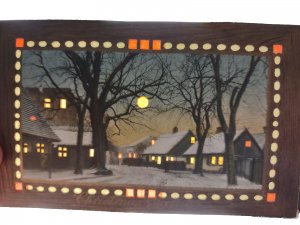 Hold To Light Postcard Christmas Village Homes Trees Moon Germany Vintage HTL