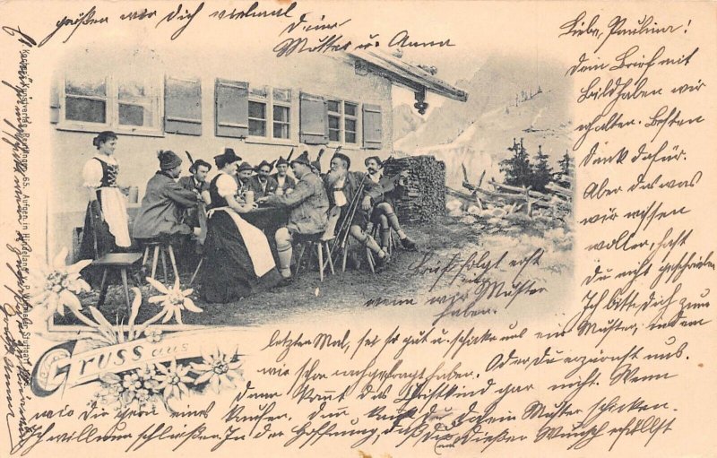 Gruss aus Edelweiss People Partying Bavarian Traditional Costume 1901 postcard
