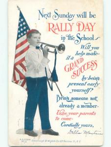 Pre-1907 patriotic BOY WITH BUGLE CARRIES AMERICAN FLAG k8292