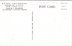 Hotel Lexington Ave 48th St New York City NYC NY WB Postcard UNP VTG Unused
